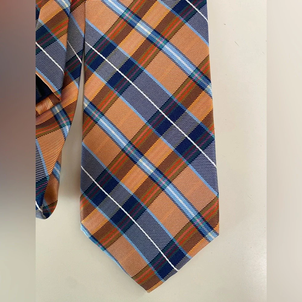CHAPS Men’s 100% Silk Plaid‎ Necktie Orange Navy